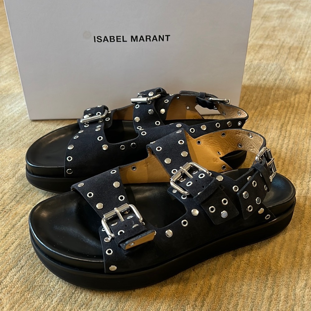 Brand NWT Isabel Marant Ophie black calf velvet leather studded sandals Size 40
